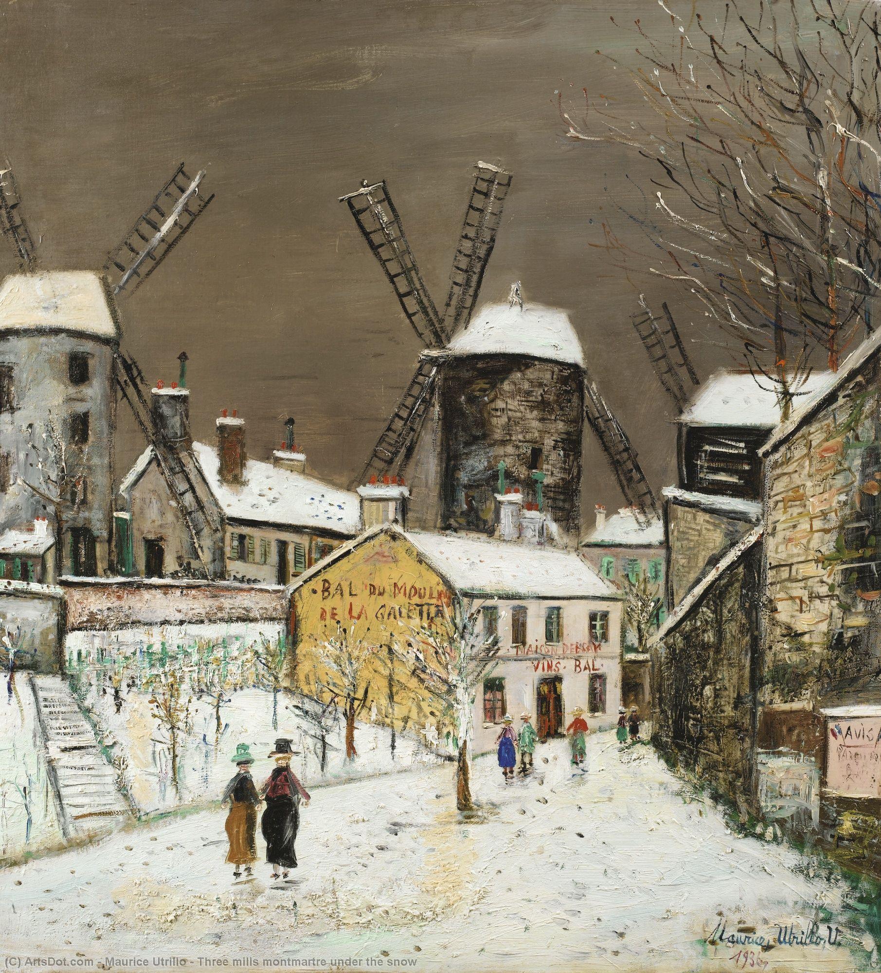 Wikioo.org - The Encyclopedia of Fine Arts - Painting, Artwork by Maurice Utrillo - Three mills montmartre under the snow