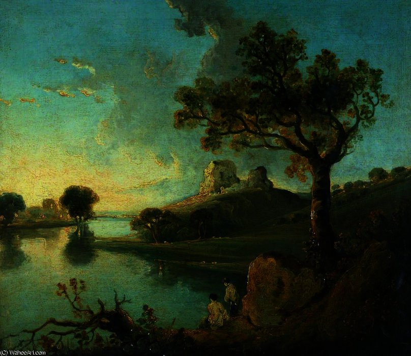 Wikioo.org - The Encyclopedia of Fine Arts - Painting, Artwork by Richard Wilson - River Scene with a Ruined Castle and Figures