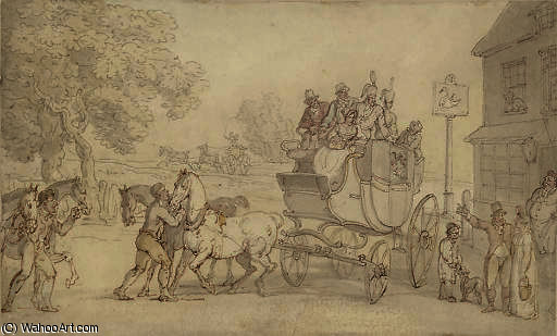 Wikioo.org – La Enciclopedia de las Bellas Artes - Pintura, Obras de arte de Thomas Rowlandson - Cambio de caballos en el cisne posada , brixton