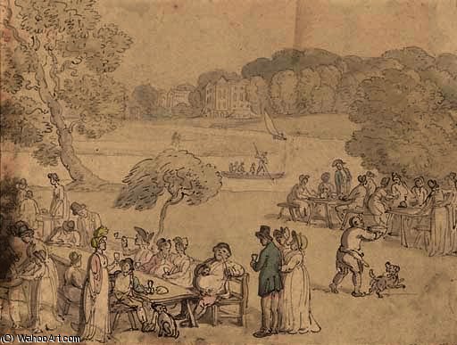 WikiOO.org - Encyclopedia of Fine Arts - Malba, Artwork Thomas Rowlandson - Figures picnicking by the thames at twickenham