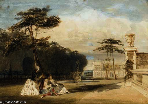 Wikioo.org - The Encyclopedia of Fine Arts - Painting, Artwork by Thomas Shotter Boys - Figures in van dyke costume in the grounds of a château