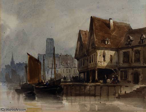 Wikioo.org - The Encyclopedia of Fine Arts - Painting, Artwork by Thomas Shotter Boys - Fishing boats at a continental quayside