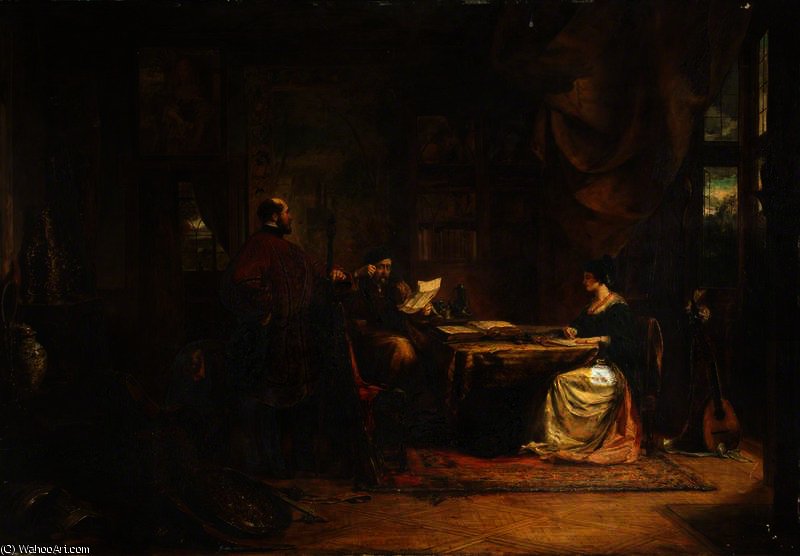 WikiOO.org - Encyclopedia of Fine Arts - Maalaus, taideteos William James Muller - Elizabethan interior - the court messenger