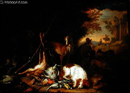 Wikioo.org - The Encyclopedia of Fine Arts - Painting, Artwork by Adriaen De Gryef - A Hunter with his Dogs