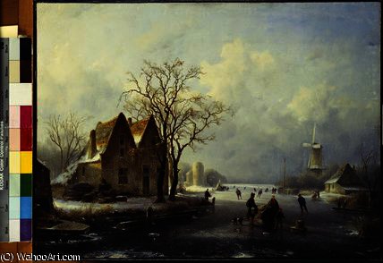 WikiOO.org - Encyclopedia of Fine Arts - Lukisan, Artwork Andreas Schelfhout - Skaters in a Frozen Winter Landscape