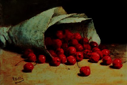 WikiOO.org - Encyclopedia of Fine Arts - Maleri, Artwork Antoine Vollon - A spilled bag of cherries