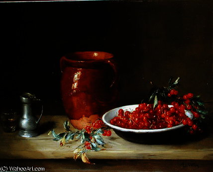Wikioo.org – L'Enciclopedia delle Belle Arti - Pittura, Opere di Antoine Vollon - ancora vita di ciliegie  come  Un  bacino