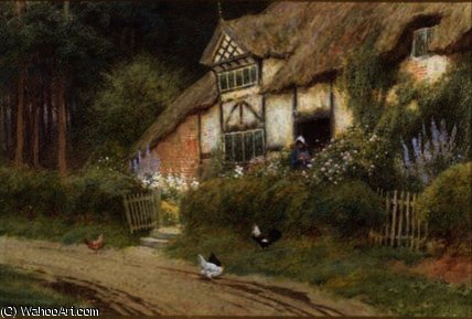 Wikioo.org - The Encyclopedia of Fine Arts - Painting, Artwork by Arthur Claude Strachan - A Young Girl and Chickens by a Cottage