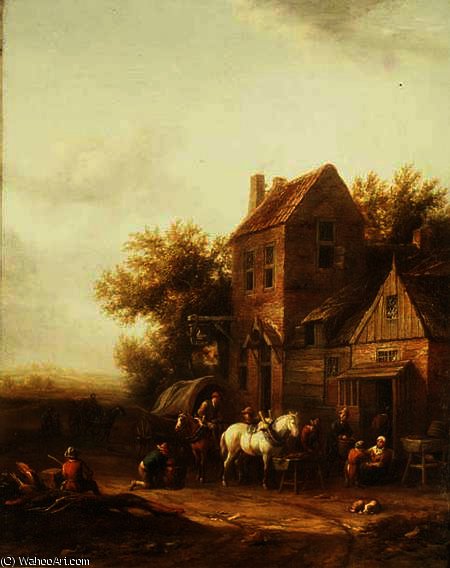WikiOO.org - Encyclopedia of Fine Arts - Malba, Artwork Barend Gael Or Gaal - Travellers Watering their Horses Outside an Inn
