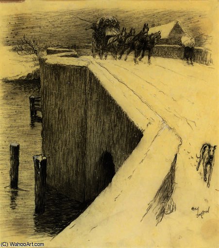 WikiOO.org - אנציקלופדיה לאמנויות יפות - ציור, יצירות אמנות Beatrice Parsons - The stagecoach crossing a snow covered bridge