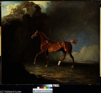 Wikioo.org - The Encyclopedia of Fine Arts - Painting, Artwork by Benjamin Marshall - A Golden Chestnut Racehorse by a Rock Formation