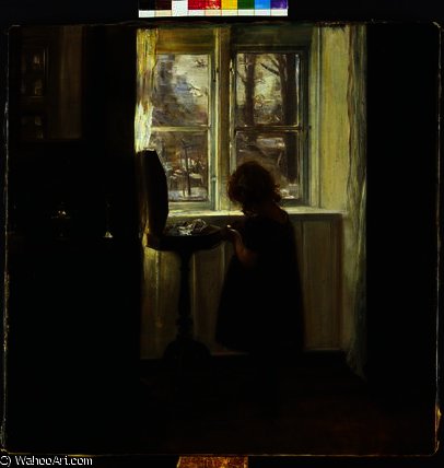 WikiOO.org - Enciclopedia of Fine Arts - Pictura, lucrări de artă Carl Vilhelm Holsoe - A Girl Standing by a Sewing Table
