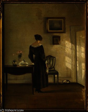 Wikioo.org - The Encyclopedia of Fine Arts - Painting, Artwork by Carl Vilhelm Holsoe - An Interior with a Woman feeding a Cat