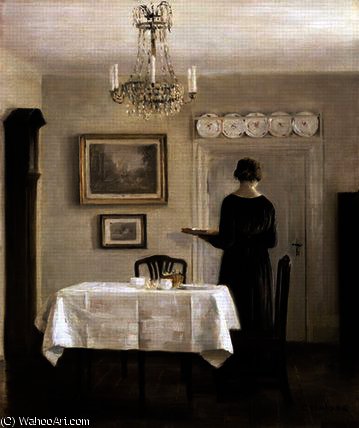 Wikioo.org - The Encyclopedia of Fine Arts - Painting, Artwork by Carl Vilhelm Holsoe - Interior with Lady Carrying Tray
