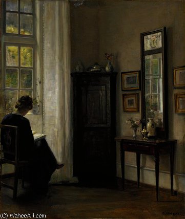 Wikioo.org – La Enciclopedia de las Bellas Artes - Pintura, Obras de arte de Carl Vilhelm Holsoe - interior con mujer  Lectura