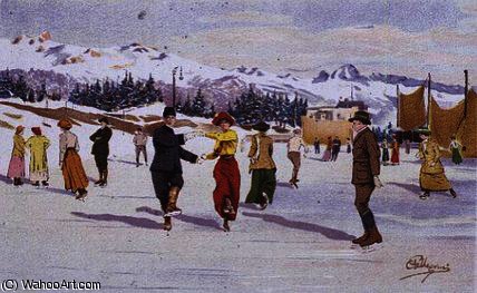 Wikioo.org - The Encyclopedia of Fine Arts - Painting, Artwork by Carlo Pellegrini - Skaters on the Ice Rink