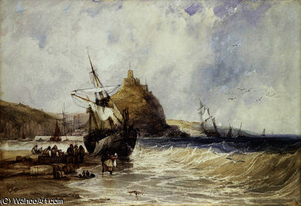 Wikioo.org - The Encyclopedia of Fine Arts - Painting, Artwork by Charles Bentley - Unloading a Coaster Below St. Michael's Mount