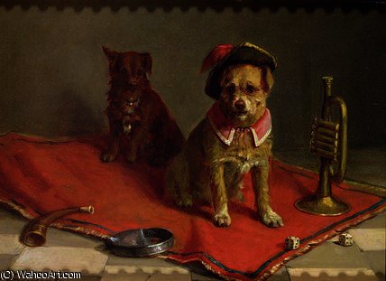 Wikioo.org - The Encyclopedia of Fine Arts - Painting, Artwork by Charles Van Den Eycken - Dog in military hat and collar with trumpet and dice