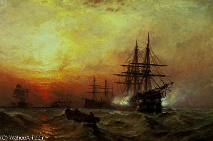 Wikioo.org - The Encyclopedia of Fine Arts - Painting, Artwork by Claude Thomas Stanfield Moore - Man-o'-War firing a salute at sunset
