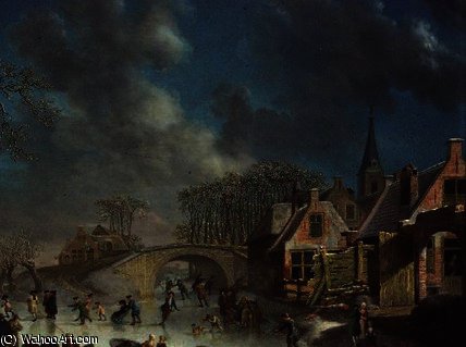 WikiOO.org - Encyclopedia of Fine Arts - Lukisan, Artwork Cornelis Kuypers - Winter Landscape with Skaters