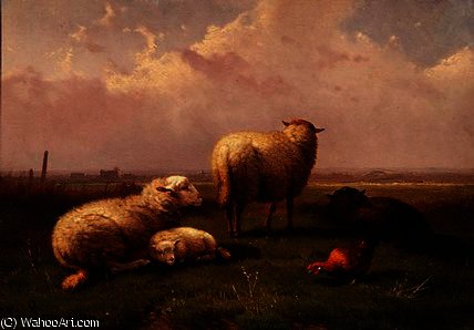 Wikioo.org - The Encyclopedia of Fine Arts - Painting, Artwork by Cornelis Van Leemputten - Sheep Dozing in a Pasture