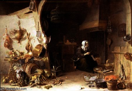Wikioo.org - The Encyclopedia of Fine Arts - Painting, Artwork by Cornelis Van Lelienbergh - A Kitchen Interior with a Servant Girl Surrounded by Utensils, Vegetables and a Lobster on a Platec