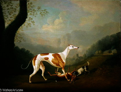 WikiOO.org – 美術百科全書 - 繪畫，作品 Daniel Gillespie Clowes - 灰猎犬 与  一个  獚  小动物  和  死  野兔