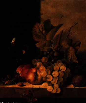 Wikioo.org – La Enciclopedia de las Bellas Artes - Pintura, Obras de arte de Edward Ladell - Uvas , Melocotones y un vino Vidrio en el una repisa