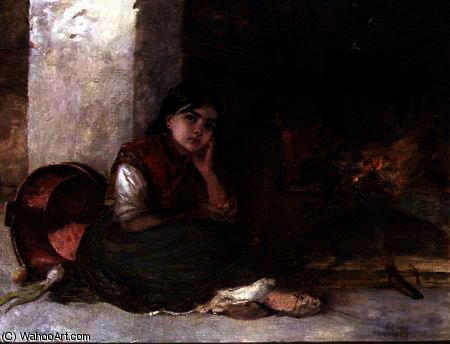 WikiOO.org - אנציקלופדיה לאמנויות יפות - ציור, יצירות אמנות Edwin Longsden Long - Girl by a Fireside