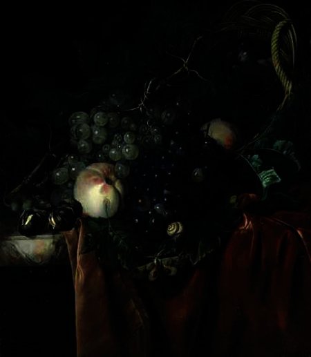 Wikioo.org – La Enciclopedia de las Bellas Artes - Pintura, Obras de arte de Ernst Stuven - Vida inmóvil con uvas , melocotones , castañas , un mariposa y un caracol