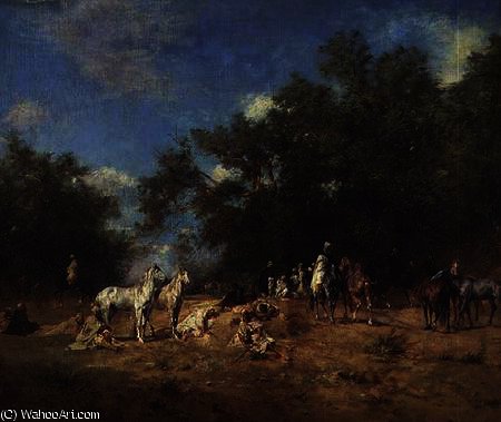 WikiOO.org - Encyclopedia of Fine Arts - Schilderen, Artwork Eugene Fromentin - Arab Horsemen Resting in the Forest