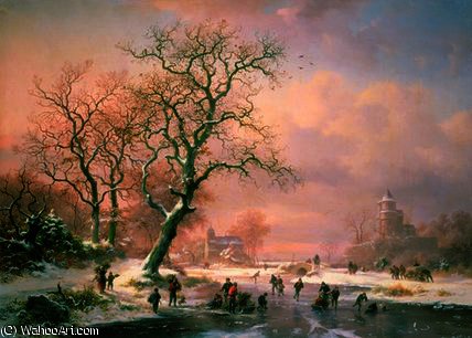 WikiOO.org - Encyclopedia of Fine Arts - Malba, Artwork Frederick Marianus Kruseman - Skaters on a Frozen River