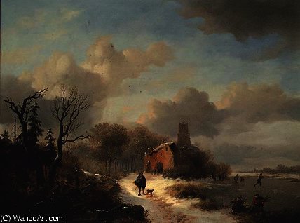 WikiOO.org - Encyclopedia of Fine Arts - Lukisan, Artwork Frederick Marianus Kruseman - Winter landscape with peasant and figures on ice