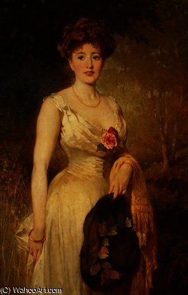 WikiOO.org - Encyclopedia of Fine Arts - Schilderen, Artwork George Elgar Hicks - Portrait of a Lady in a White Dress