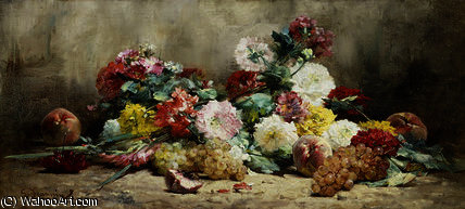 Wikioo.org – L'Encyclopédie des Beaux Arts - Peinture, Oeuvre de Georges Jeannin - Oeillets roses  raisins  et  Pêches