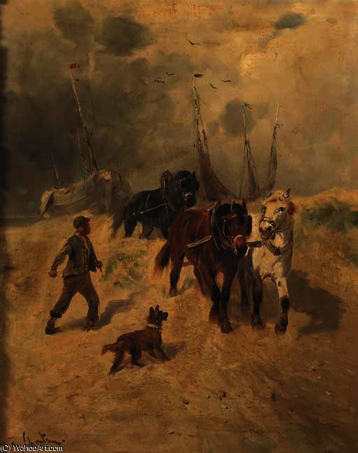 Wikioo.org - The Encyclopedia of Fine Arts - Painting, Artwork by Henry Schouten - A team of horses on the beach, fishing-smacks in the background