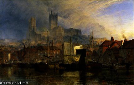 Wikioo.org - The Encyclopedia of Fine Arts - Painting, Artwork by Henry Thomas Dawson - Lincoln Cathedral from the Brayford Pool