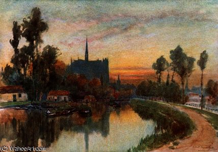 Wikioo.org - The Encyclopedia of Fine Arts - Painting, Artwork by Herbert Menzies Marshall - Evening on the Somme at Amiens