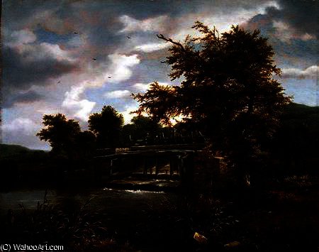 WikiOO.org - אנציקלופדיה לאמנויות יפות - ציור, יצירות אמנות Jacob Isaakszoon Van Ruisdael (Ruysdael) - A wooded river landscape with a sluice gate