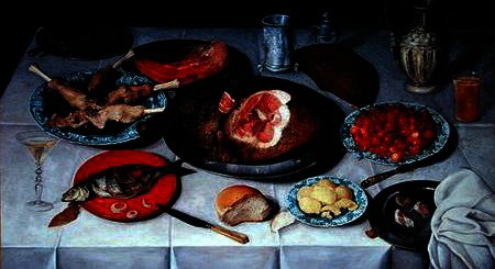 Wikioo.org – La Enciclopedia de las Bellas Artes - Pintura, Obras de arte de Jacob Van Hulsdonck - desayuno pieza  enestado  Un  pescar  jamón  asícomo  cerezas