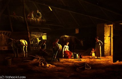 WikiOO.org - Enciclopedia of Fine Arts - Pictura, lucrări de artă Jacques Laurent Agasse - A Milkmaid, Farmhands and Plough Horses In A Barn