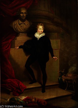 Wikioo.org - The Encyclopedia of Fine Arts - Painting, Artwork by James Northcote - Master Betty as Hamlet before a bust of Shakespeare