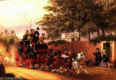 Wikioo.org - The Encyclopedia of Fine Arts - Painting, Artwork by James Pollard - A Mail coach passing travellers on a road
