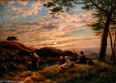 Wikioo.org - The Encyclopedia of Fine Arts - Painting, Artwork by James Thomas Linnell - Shepherd Boys tending their Flock at Sunset