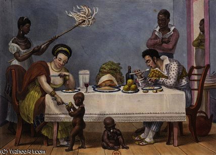 Wikioo.org - The Encyclopedia of Fine Arts - Painting, Artwork by Jean Baptiste Debret - The Dinner, a white couple being served and fanned