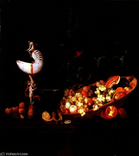 Wikioo.org - The Encyclopedia of Fine Arts - Painting, Artwork by Johann Georg Hinz - A Still Life of fruit with a nautilus cup on a draped ledge