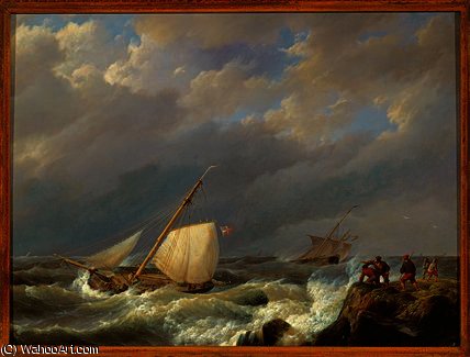 Wikioo.org - The Encyclopedia of Fine Arts - Painting, Artwork by Johannes Hermanus Koekkoek - Vessels on a Lee Shore in a Gale of Wind,