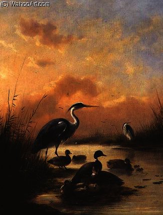 WikiOO.org - Encyclopedia of Fine Arts - Maľba, Artwork Joseph Augustus Knip - A family of Mallard and two Herons