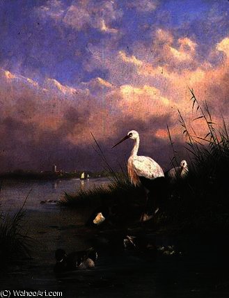 WikiOO.org - Encyclopedia of Fine Arts - Maleri, Artwork Joseph Augustus Knip - A family of Mallard, two Storks and a family