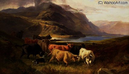 Wikioo.org - The Encyclopedia of Fine Arts - Painting, Artwork by Joseph Denovan Adam - Highland Cattle with a Collie